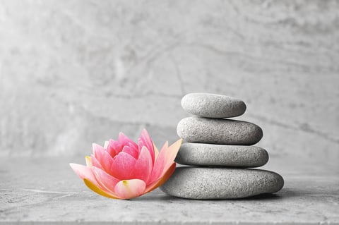 Beautiful pink lotus flower and stones balance, concept of wellness spa treatments
