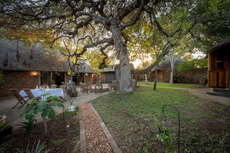Rustic outdoor courtyard with large oak tree, stone patio, seating area, and wooden buildings at dusk