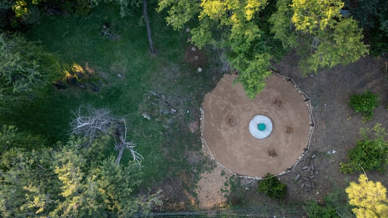 Overhead view of a circular cleared area in a forest with a blue structure in the center, surrounded by green trees