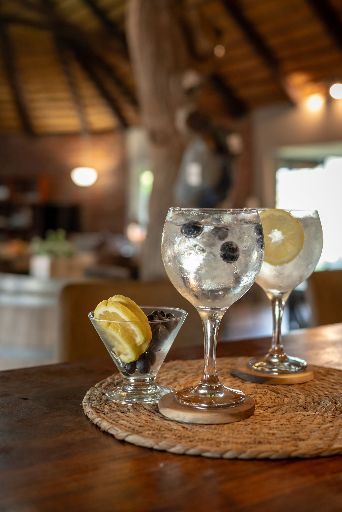 Three gin and tonic cocktails with lemon slices and berries on a cork coaster at a bar counter with warm ambient lighting