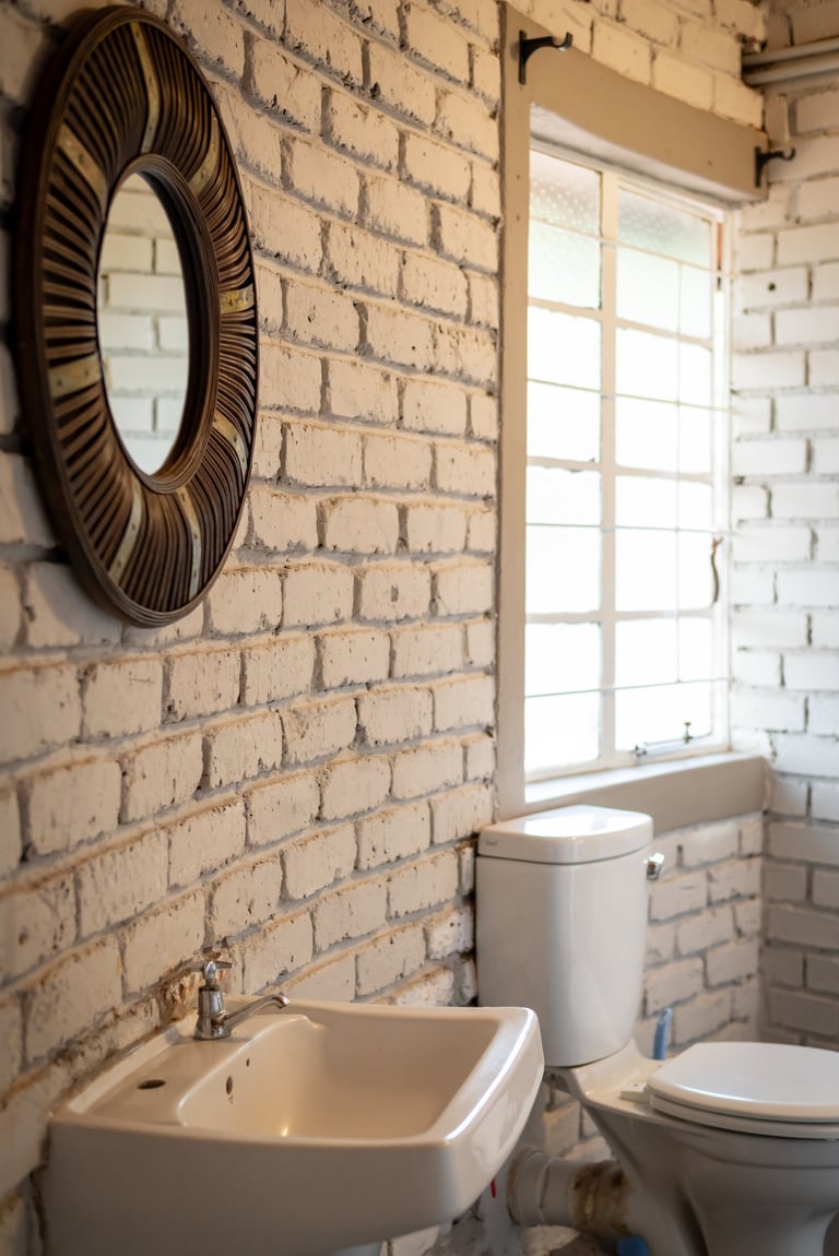 Bathroom with cream brick wall, round mirror, white sink, toilet, and window with natural light