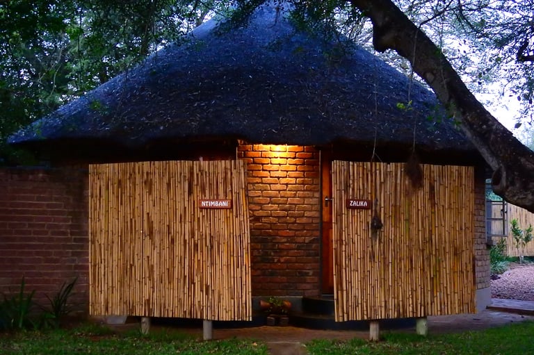 Modern wooden cabin with thatched roof and illuminated entrance at dusk, surrounded by trees