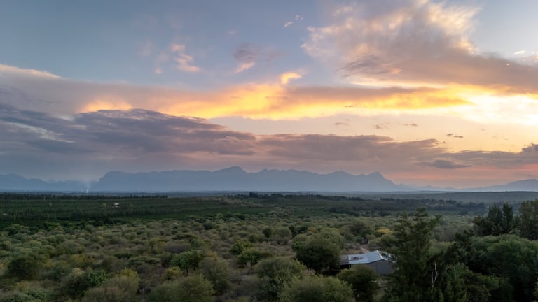 Sunset over a vast green landscape with distant mountains and a small water body reflecting golden sky light