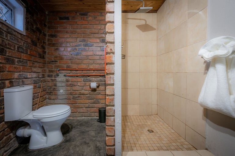 Split image comparison of a rustic brick bathroom with toilet on left and a modern tiled shower area on right