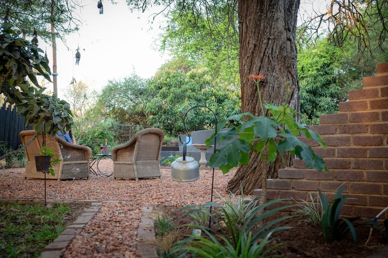Backyard garden with brick patio, wicker chairs, large tree, bird feeders, and potted plants under canopy of green foliage