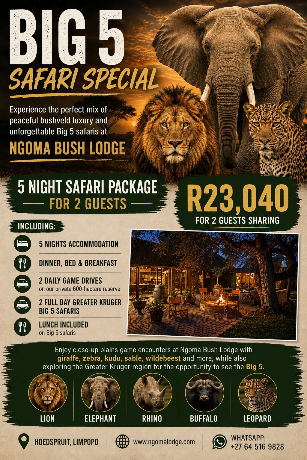 Big 5 Safari Special promotional poster for Ngoma Bush Lodge featuring elephant, lion, and leopard with 5-night package details for 2 guests