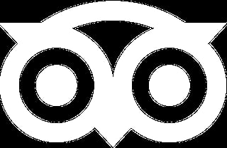 White owl face icon with large circular eyes and pointed ear tufts on black background